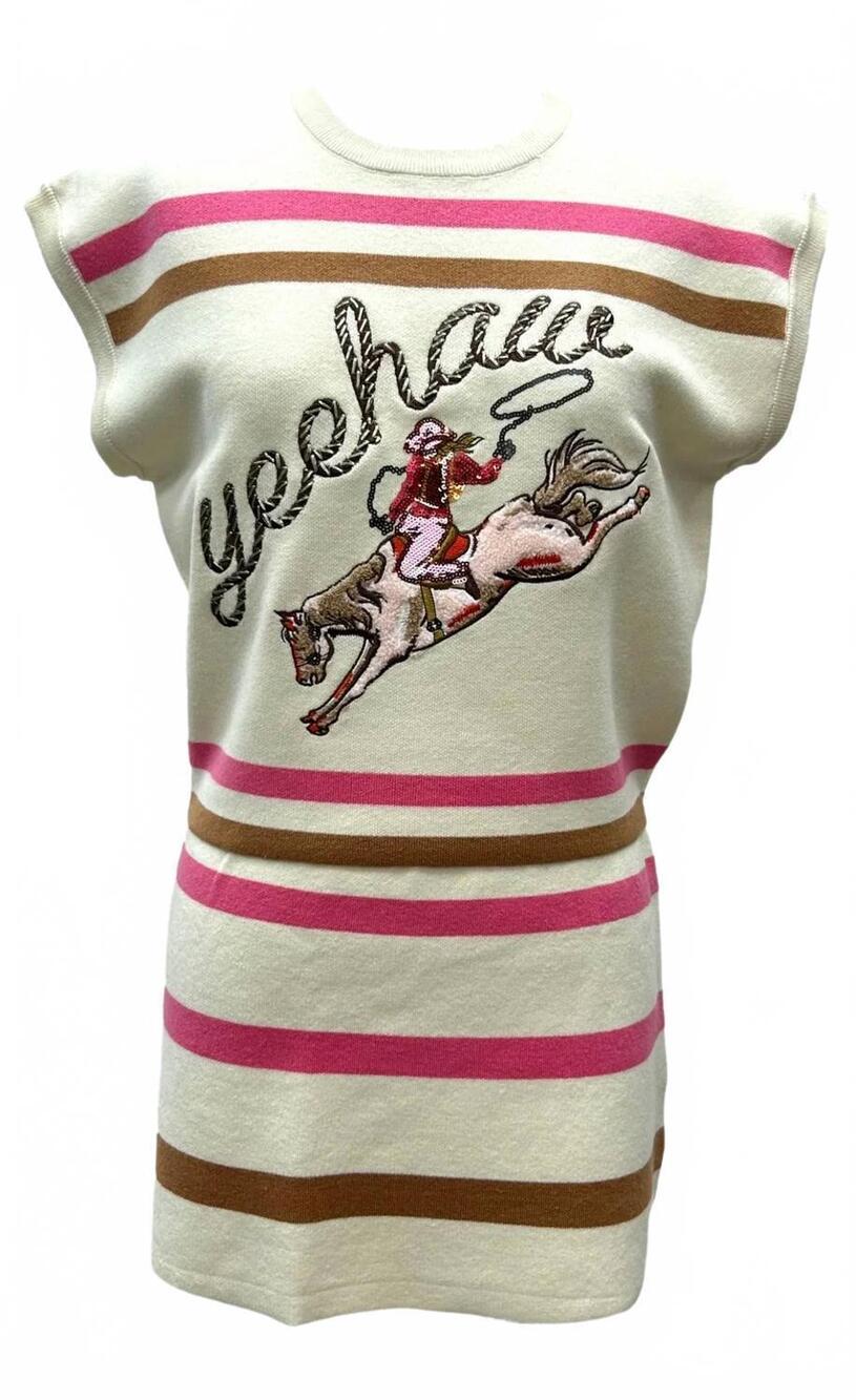 NEW QUEEN OF SPARKLES women's yeehaw cowgirl stripe skirt in beige multi